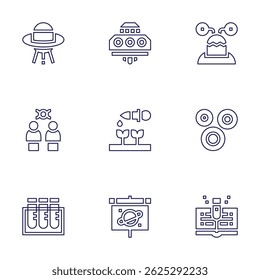 Conjunto de iconos de Ciencia. Estilo de línea. Accidente cerebrovascular editable. ufo, alienígena, clonación, brote, células madre, muestra de sangre, presentación, libro.