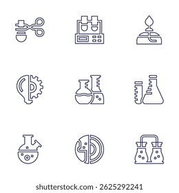 Conjunto de iconos de Ciencia. Estilo de línea. Pinzas, prueba, quemador, idea, laboratorio, ciencia, frasco, geología, química.