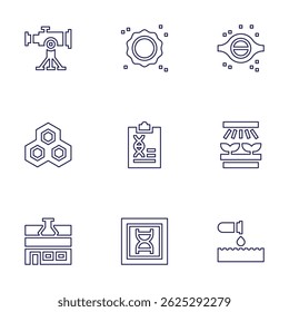 Science icon set. Line style. Editable stroke. telescope, sun, blackhole, cell, biology, plants, laboratory, dna structure, chlorine.