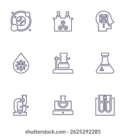 Science icon set. Line style. Editable stroke. solar system, molecular biology, capability, blood, flask, chemistry, microscope, testing.