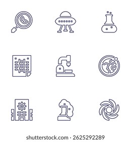 Science icon set. Line style. Editable stroke. search, ufo, flask, poster, microscope, orbit, research center, black hole.