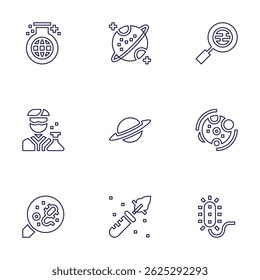 Science icon set. Line style. Editable stroke. science, saturn, research, scientist, metabolism, examine, botany, prokaryotic.