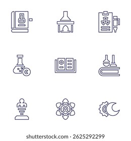 Conjunto de ícones de ciência. Estilo da linha. AVC editável. ciência, química, teletransporte, átomo, eclipse.