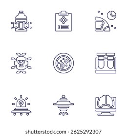 Conjunto de ícones de ciência. Estilo da linha. AVC editável. amostra, relatório, lua, biologia, placa de petri, tubo de teste, ufo, inteligência artificial.