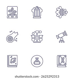 Conjunto de iconos de Ciencia. Estilo de línea. Planta, máquina del tiempo, inteligencia artificial, asteroide, prueba, telescopio, espacio, laboratorio, ciencia.