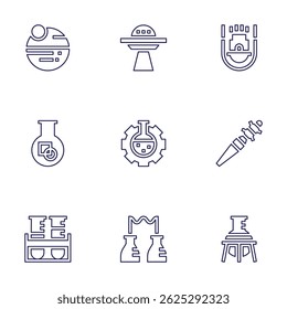 Science icon set. Line style. Editable stroke. planets, ufo, space capsule, flask, test, demodex, test tubes, chemical, laboratory.
