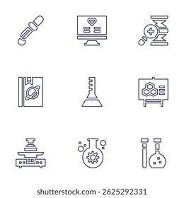 Conjunto de ícones de ciência. Estilo da linha. Curso editável. pipeta, saúde, dna, livro, frasco, biologia, escala de peso, bioengenharia, tubo de ensaio.