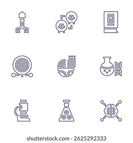 Conjunto de iconos de Ciencia. Estilo de línea. Fago, clonación, libro, ojo, geología, microbiología, microscopio, sulfito, cerebro.