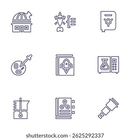Conjunto de ícones de ciência. Estilo da linha. AVC editável. observatório, peixe, química, placa de petri, livro, micro-ondas, copo, biologia, telescópio.