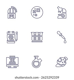 Science icon set. Line style. Editable stroke. observatory, mercury, microscope, note, test tube, pipette, pc, flask, full moon.