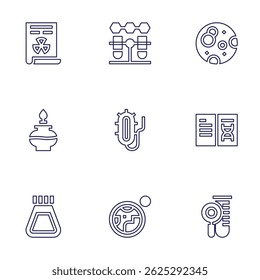 Science icon set. Line style. Editable stroke. nuclear, chemistry, full moon, fire, cell, book, flask, earth, test tube.