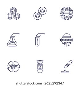 Science icon set. Line style. Editable stroke. nucleotide, cell, black hole, flask, test tube, ufo, brain, pipette.