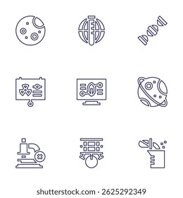 Science icon set. Line style. Editable stroke. moon, research, dna, laboratory, saturn, microscope, robot, experiment.