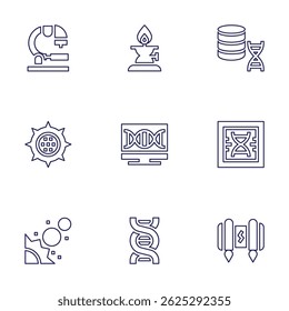 Conjunto de ícones de ciência. Estilo da linha. AVC editável. microscópio, laboratório, dna, vírus, pc, estrutura do dna, planetas, jetpack.
