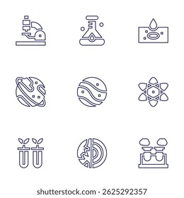 Science icon set. Line style. Editable stroke. microscope, flask, slide, uranus, planet, atom, science, test tube.
