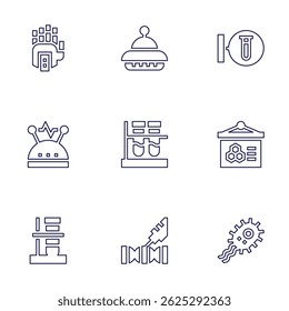 Science icon set. Line style. Editable stroke. mechanical, ufo, lab, electricity, test tube, presentation, tube, dna structure, bacteria.