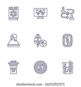Science icon set. Line style. Editable stroke. magazine, analysis, use case, laboratory, plant cell, lectern, atmosphere, beaker.
