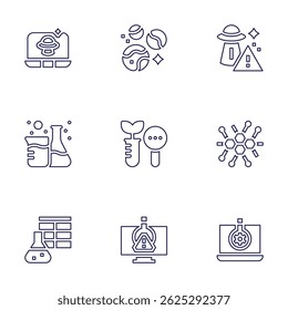Science icon set. Line style. Editable stroke. laptop, planet, ufo, chemical, research, enzyme, database table, catalyst.