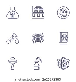 Science icon set. Line style. Editable stroke. innovation, flask, petri dish, test tube, ufo, magazine, wash bottle, atom.