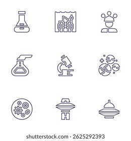 Science icon set. Line style. Editable stroke. flask, underwater city, mind reader, microscope, planets, petri dish, ufo.