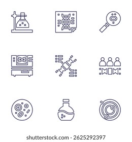 Science icon set. Line style. Editable stroke. flask, poster, magnifying glass, lab, dna, group, petri dish, astronomy.