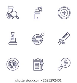 Science icon set. Line style. Editable stroke. flask, observatory, proton, packing, planet, pipette, petri dish, document, search.