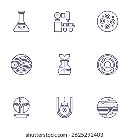 Science icon set. Line style. Editable stroke. flask, laboratory, cells, mars, orbit, plasma ball, space capsule, jupiter.