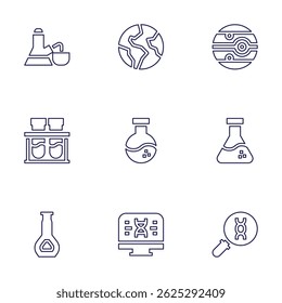Science icon set. Line style. Editable stroke. flask, earth, mars, chemical, chemistry, dna.