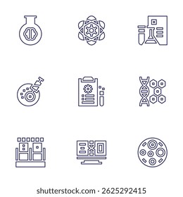Conjunto de iconos de Ciencia. Estilo de línea. Accidente cerebrovascular editable. frasco, átomo, experimento, fertilización, informe, genoma, muestra de sangre, ADN, célula grasa.