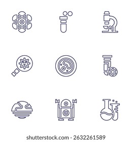 Conjunto de iconos de Ciencia. Estilo de línea. Átomo, químico, educación, lupa, placa de Petri, prueba de sangre, planeta, máquina del tiempo.