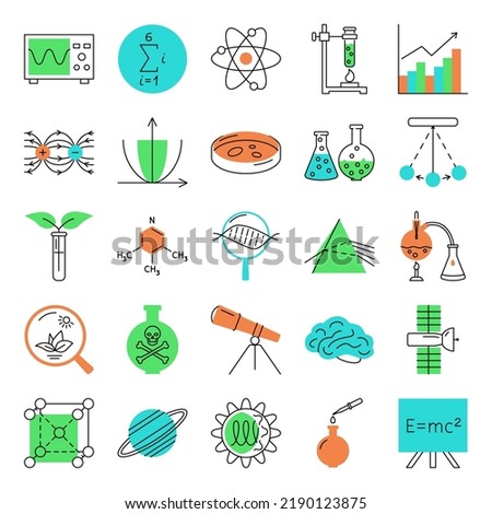 Science icon set in line style. Scientific elements collection. Vector illustration.
