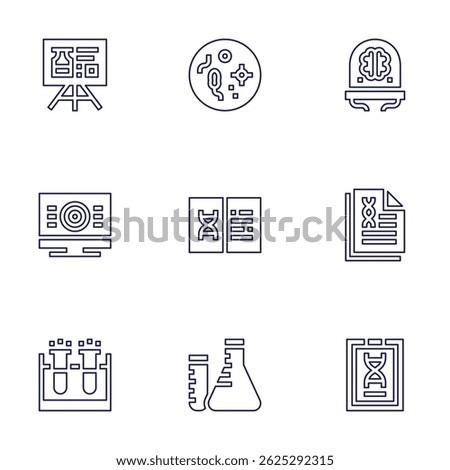 Science icon set. Line style. Editable stroke. presentation, virus, pc, research, test tube, science, brain, report, clipboard.