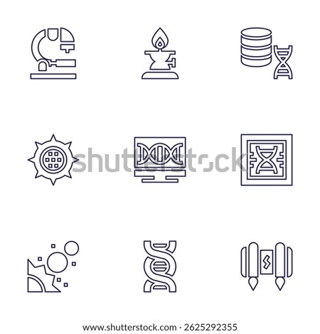 Science icon set. Line style. Editable stroke. microscope, laboratory, dna, virus, pc, dna structure, planets, jetpack.