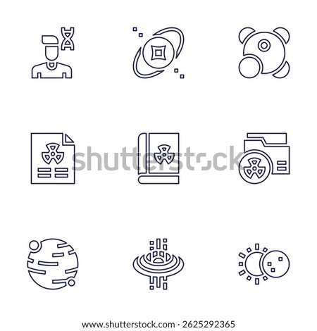 Science icon set. Line style. Editable stroke. man, nebula, metabolism, file, book, document, planet, black hole, eclipse.