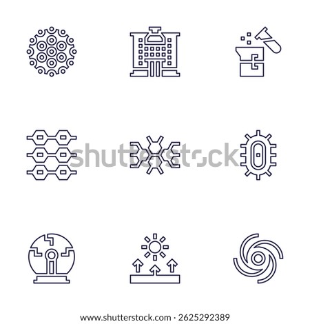 Science icon set. Line style. Editable stroke. hpv, laboratory, reaction, tissues, molecule, bacteria, plasma ball, refraction, vortex.
