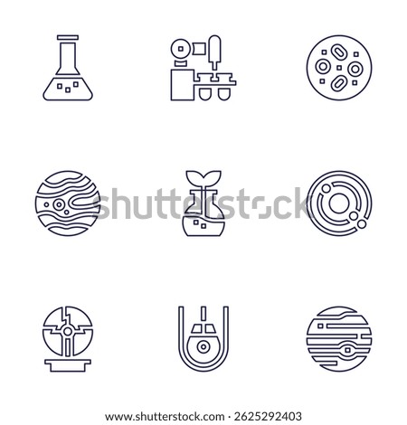 Science icon set. Line style. Editable stroke. flask, laboratory, cells, mars, orbit, plasma ball, space capsule, jupiter.