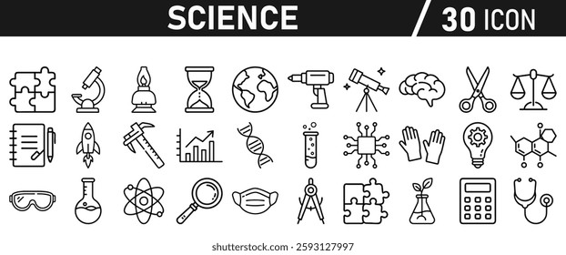 Science icon set in liner style. Biology, laboratory, experiment, test tube, scientist, research, physics, chemistry icons. Icons Vector illustration.