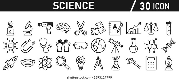 Science icon set in liner style. Biology, laboratory, experiment, test tube, scientist, research, physics, chemistry icons. Icons Vector illustration.