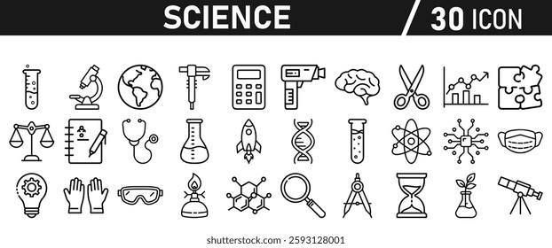 Science icon set in liner style. Biology, laboratory, experiment, test tube, scientist, research, physics, chemistry icons. Icons Vector illustration.