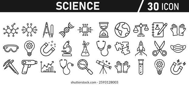 Science icon set in liner style. Biology, laboratory, experiment, test tube, scientist, research, physics, chemistry icons. Icons Vector illustration.