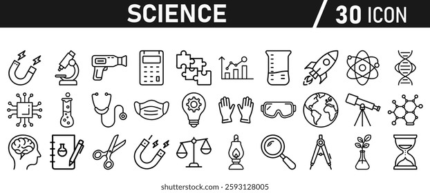 Science icon set in liner style. Biology, laboratory, experiment, test tube, scientist, research, physics, chemistry icons. Icons Vector illustration.