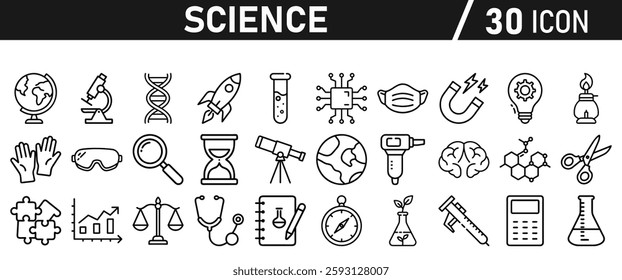 Science icon set in liner style. Biology, laboratory, experiment, test tube, scientist, research, physics, chemistry icons. Icons Vector illustration.