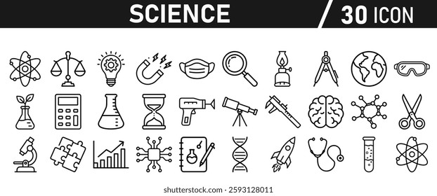 Science icon set in liner style. Biology, laboratory, experiment, test tube, scientist, research, physics, chemistry icons. Icons Vector illustration.