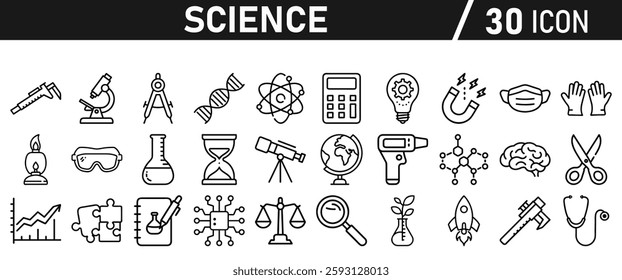 Science icon set in liner style. Biology, laboratory, experiment, test tube, scientist, research, physics, chemistry icons. Icons Vector illustration.