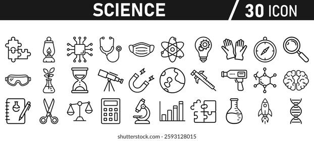 Science icon set in liner style. Biology, laboratory, experiment, test tube, scientist, research, physics, chemistry icons. Icons Vector illustration.