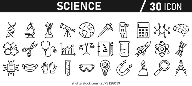 Science icon set in liner style. Biology, laboratory, experiment, test tube, scientist, research, physics, chemistry icons. Icons Vector illustration.