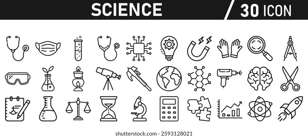 Science icon set in liner style. Biology, laboratory, experiment, test tube, scientist, research, physics, chemistry icons. Icons Vector illustration.