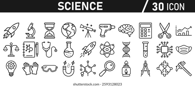 Science icon set in liner style. Biology, laboratory, experiment, test tube, scientist, research, physics, chemistry icons. Icons Vector illustration.