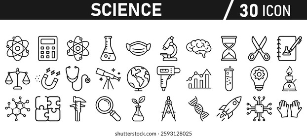 Science icon set in liner style. Biology, laboratory, experiment, test tube, scientist, research, physics, chemistry icons. Icons Vector illustration.