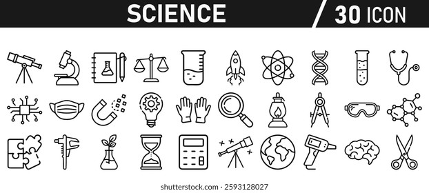 Science icon set in liner style. Biology, laboratory, experiment, test tube, scientist, research, physics, chemistry icons. Icons Vector illustration.